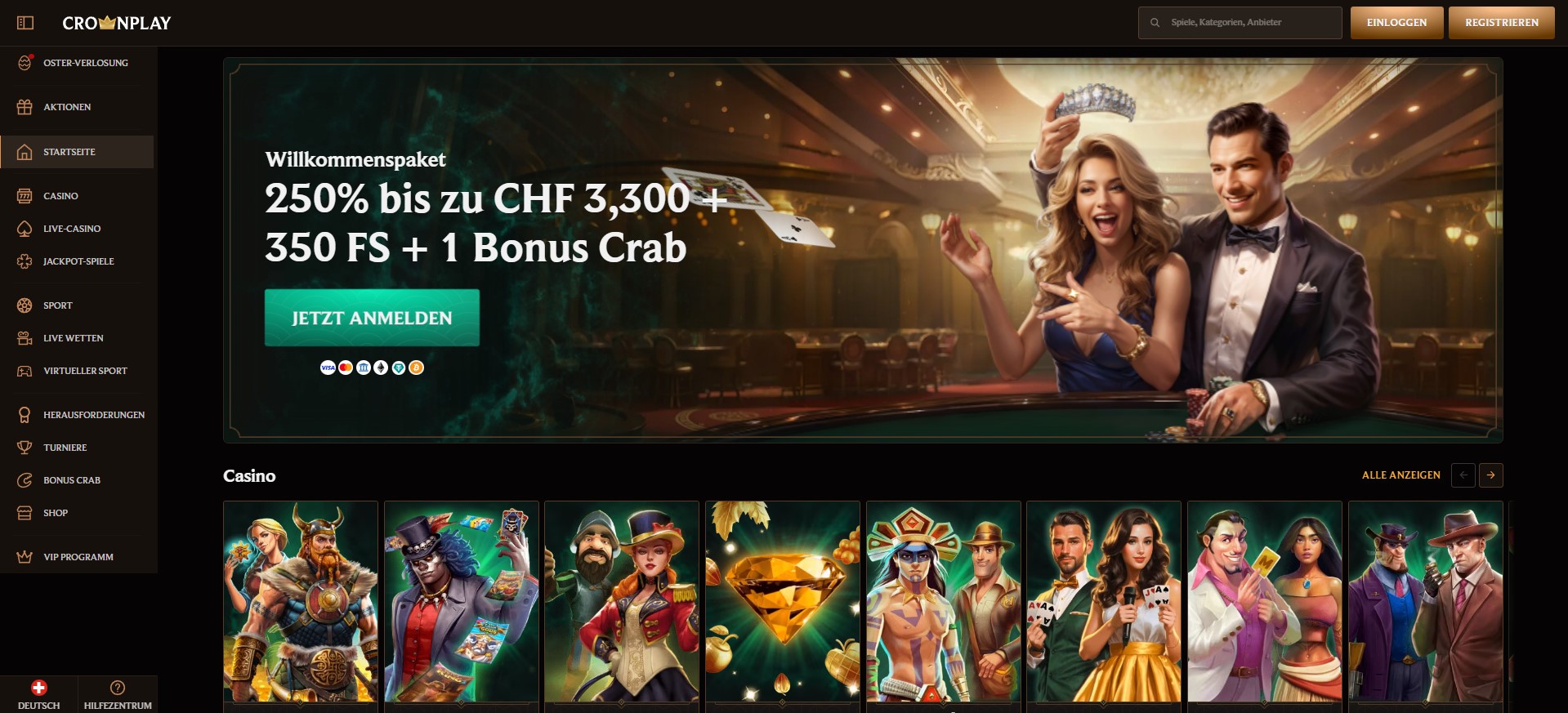 Online Casino Angebot mit 250 % Bonus bis zu CHF 3’300, 350 Freispielen und Bonus Crab – elegante Spielerin und Spieler beim Poker.