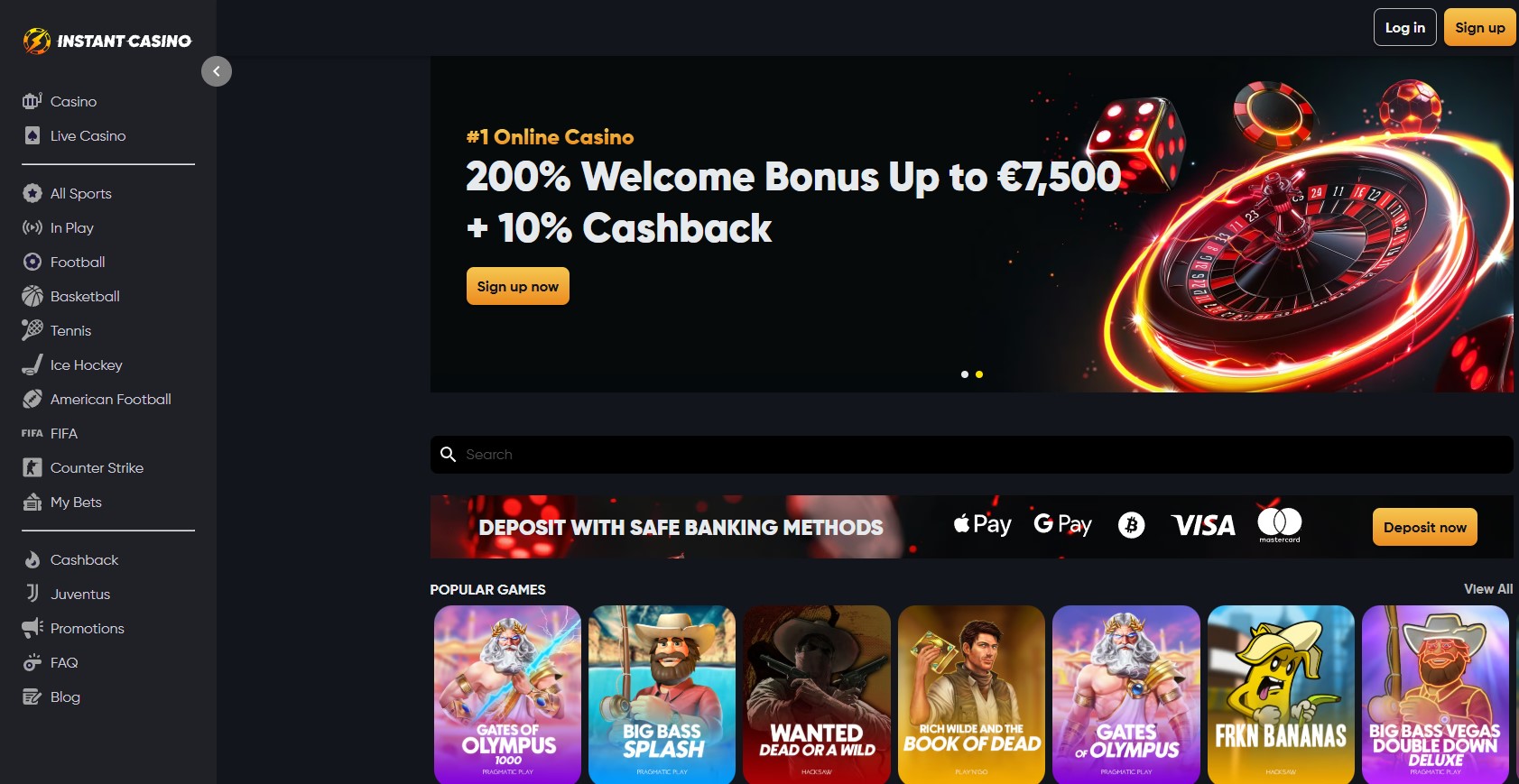 Online Casinos mit 200 % Willkommensbonus bis zu €7.500 und 10 % Cashback, mit sicheren Zahlungsmethoden über Visa und Mastercard.