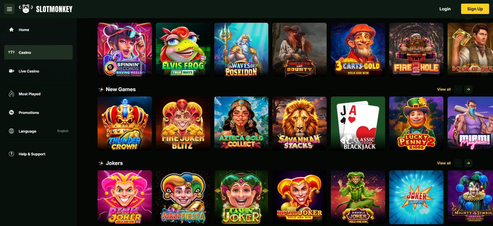 SlotMonkey Online Casino Plattform mit neuen Spielautomaten, Jokers, Blackjack und Live-Casino Optionen für Spieler in der Schweiz, Deutschland und Österreich.