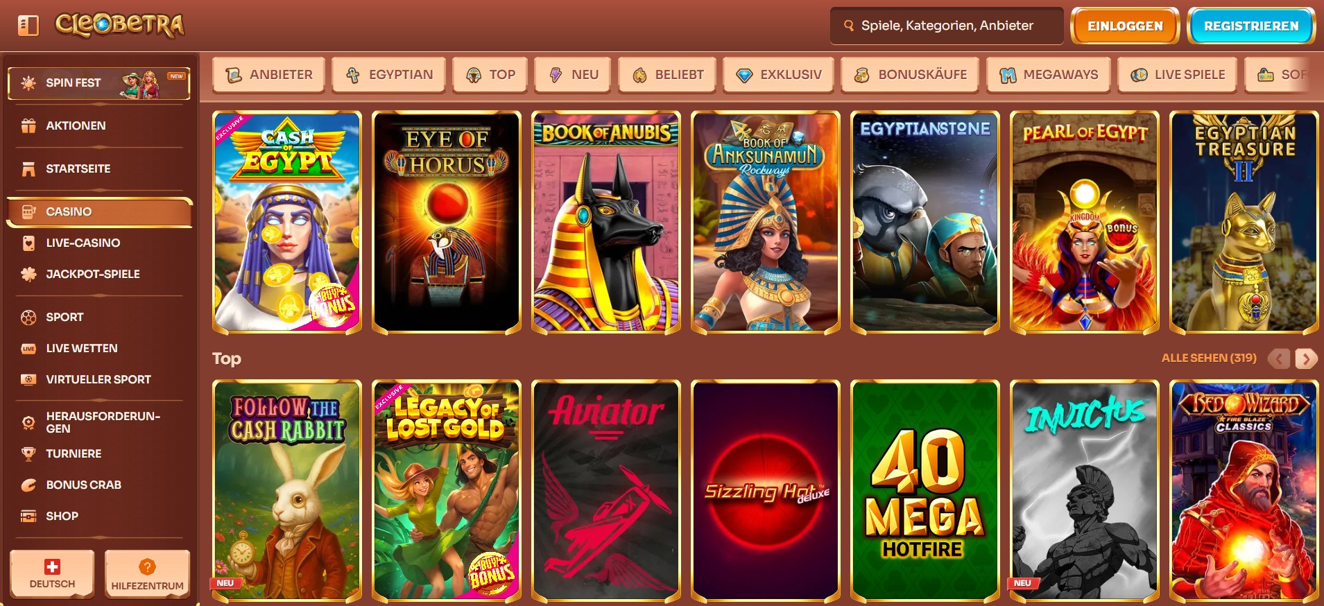 Online Casino Cleobetra mit ägyptischem Cleopatra-Design zeigt verschiedene Bonusangebote wie Willkommensbonus, Reload-Bonus, Cashback und Kombiwetten-Boost für Sportwetten in Österreich.